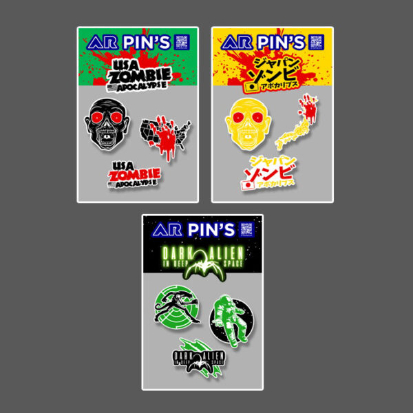 Pack of 3 Collector Pin Sets – 3 Sets of 3 Metal Pins (50 mm) - USA ZOMBIE Apocalypse - JAPAN ZOMBIE Apocalypse - Dark Alien in Deep Space