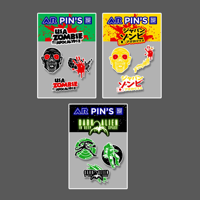 Pack of 3 Collector Pin Sets – 3 Sets of 3 Metal Pins (50 mm) - USA ZOMBIE Apocalypse - JAPAN ZOMBIE Apocalypse - Dark Alien in Deep Space